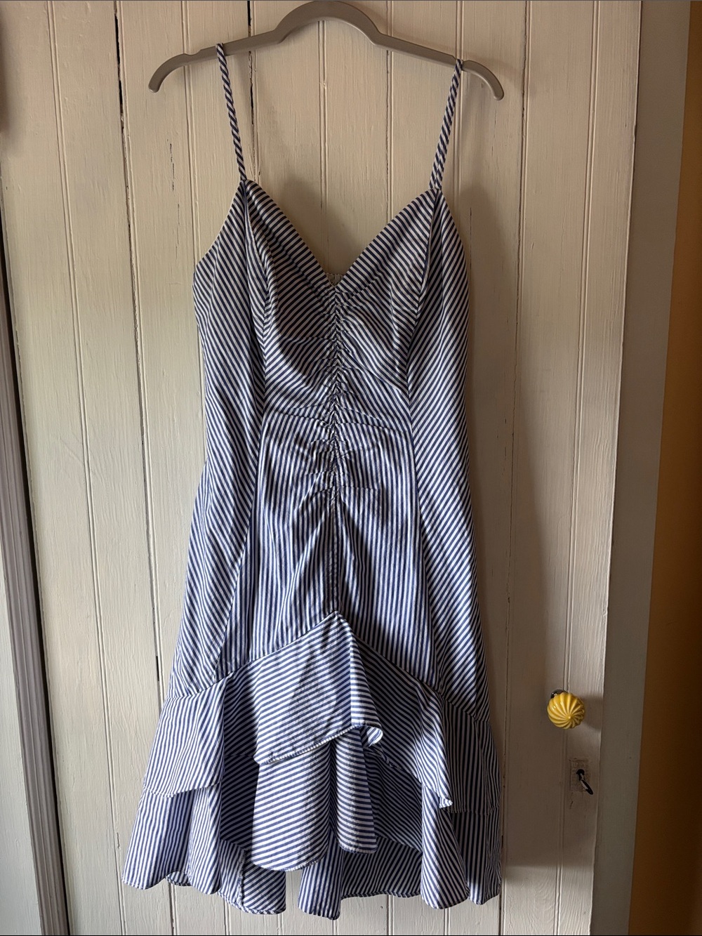 Chelsea28 Navy and White Striped Ruched High-Low Spaghetti Strap Dress